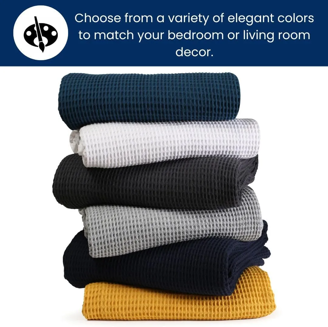 Waffle Blanket Prewashed 100% Combed Cotton - Soft Breathable Lightweight All-Season Blanket, Perfect for Bed, Couch, Sofa, or Layering - Cozy 90x90 Inch Queen Throw Blanket Navy Blue