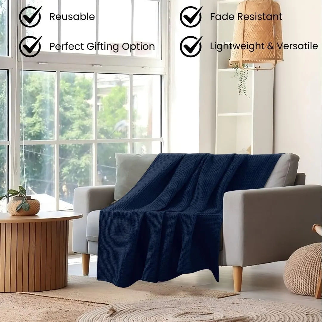 Waffle Blanket Prewashed 100% Combed Cotton - Soft Breathable Lightweight All-Season Blanket, Perfect for Bed, Couch, Sofa, or Layering - Cozy 90x90 Inch Queen Throw Blanket Navy Blue