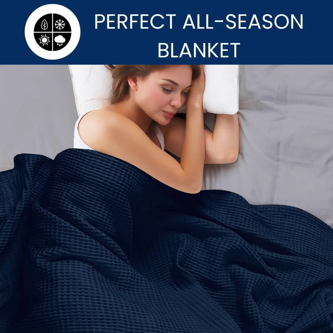 Waffle Blanket Prewashed 100% Combed Cotton - Soft Breathable Lightweight All-Season Blanket, Perfect for Bed, Couch, Sofa, or Layering - Cozy 90x90 Inch Queen Throw Blanket Navy Blue