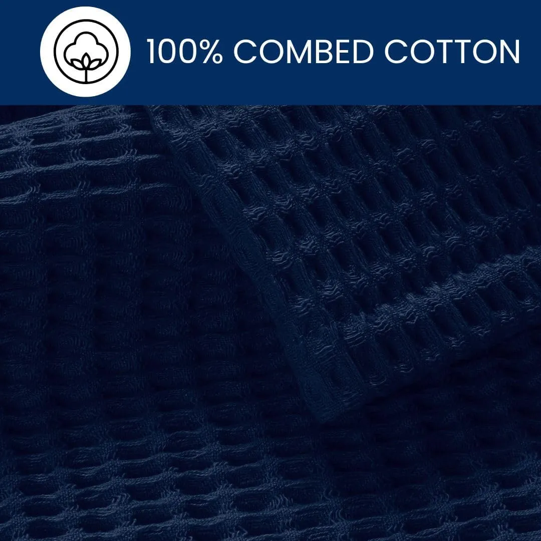 Waffle Blanket Prewashed 100% Combed Cotton - Soft Breathable Lightweight All-Season Blanket, Perfect for Bed, Couch, Sofa, or Layering - Cozy 90x90 Inch Queen Throw Blanket Navy Blue