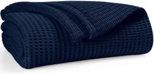 Waffle Blanket Prewashed 100% Combed Cotton - Soft Breathable Lightweight All-Season Blanket, Perfect for Bed, Couch, Sofa, or Layering - Cozy 90x90 Inch Queen Throw Blanket Navy Blue