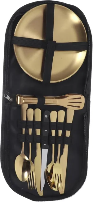 Wakauto 1 Set Stainless Steel Camping Cutlery with Storage Bag Portable for Outdoor Dining Includes Soup Ergonomic Design for Comfort for Picnics and Camping