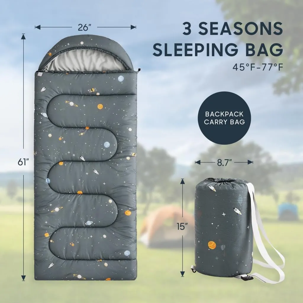 Wake In Cloud - Kids Sleeping Bag for Boys Toddlers, Camping in Warm Cold Weather, Backpacking Lightweight Compact Outdoor Liner for 3 Seasons Summer Spring Fall