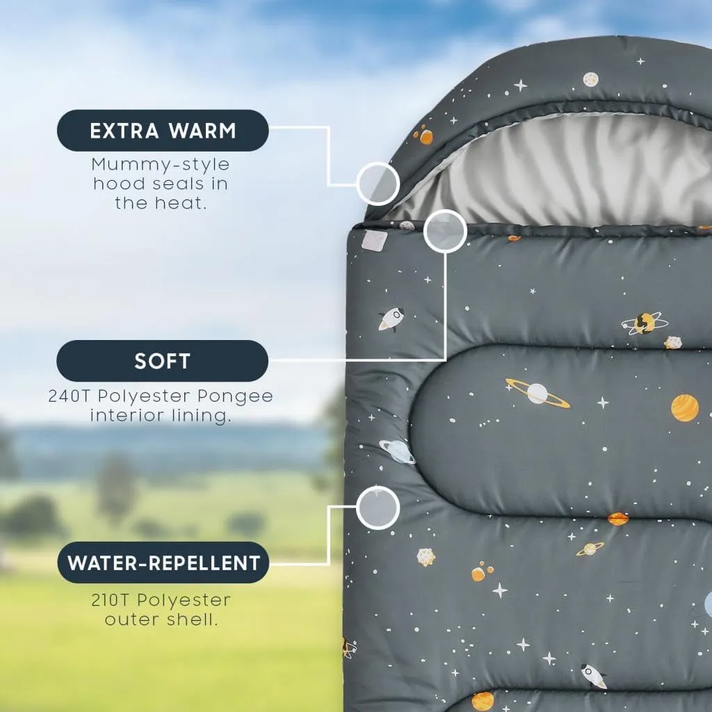 Wake In Cloud - Kids Sleeping Bag for Boys Toddlers, Camping in Warm Cold Weather, Backpacking Lightweight Compact Outdoor Liner for 3 Seasons Summer Spring Fall