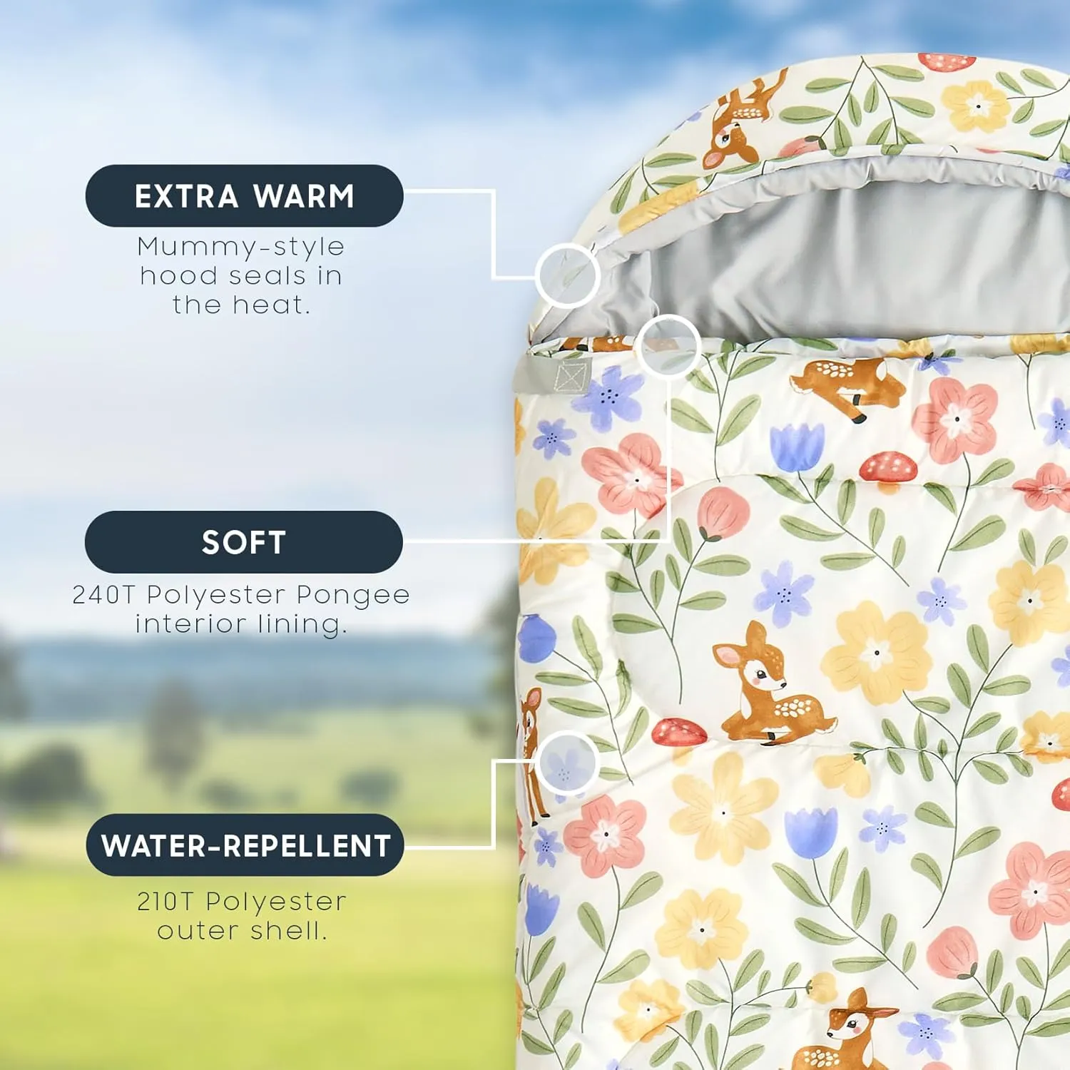 Wake In Cloud - Kids Sleeping Bag for Girls Toddlers, Camping in Warm Cold Weather, Backpacking Lightweight Compact Outdoor Liner for 3 Seasons Summer Spring Fall