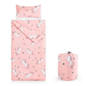 Wake In Cloud - Sleeping Bag for Kids Toddlers Girls, Portable Compact Lightweight Backpacking Nap Mat with Pillow and Blanket, Cute Colorful Unicorns, Light Pink, 55" x 30"