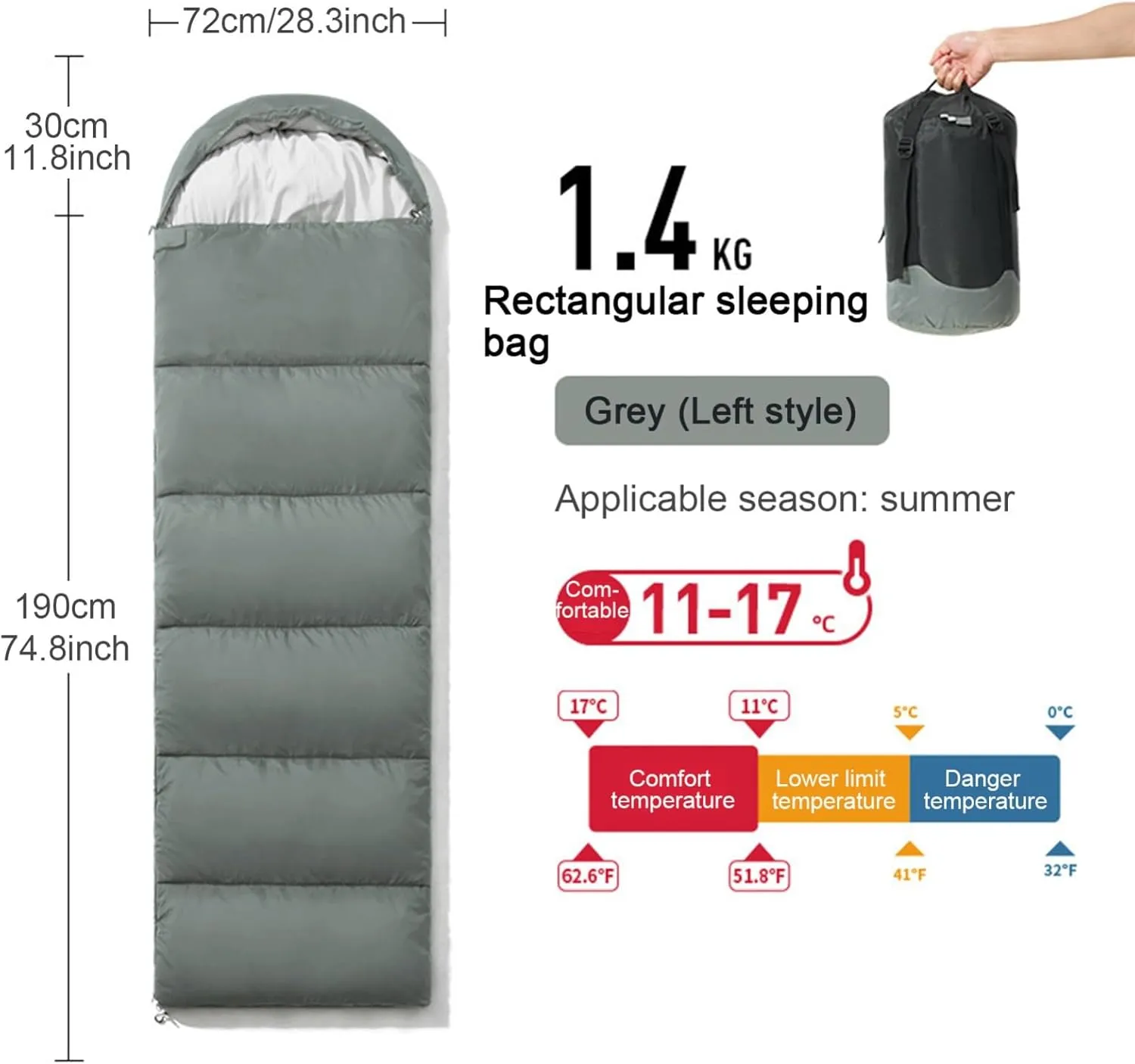 Warm Weather Sleeping Bag, Portable Lightweight Removable for Spring Summer 3 Season Camping Hiking Adults Teens