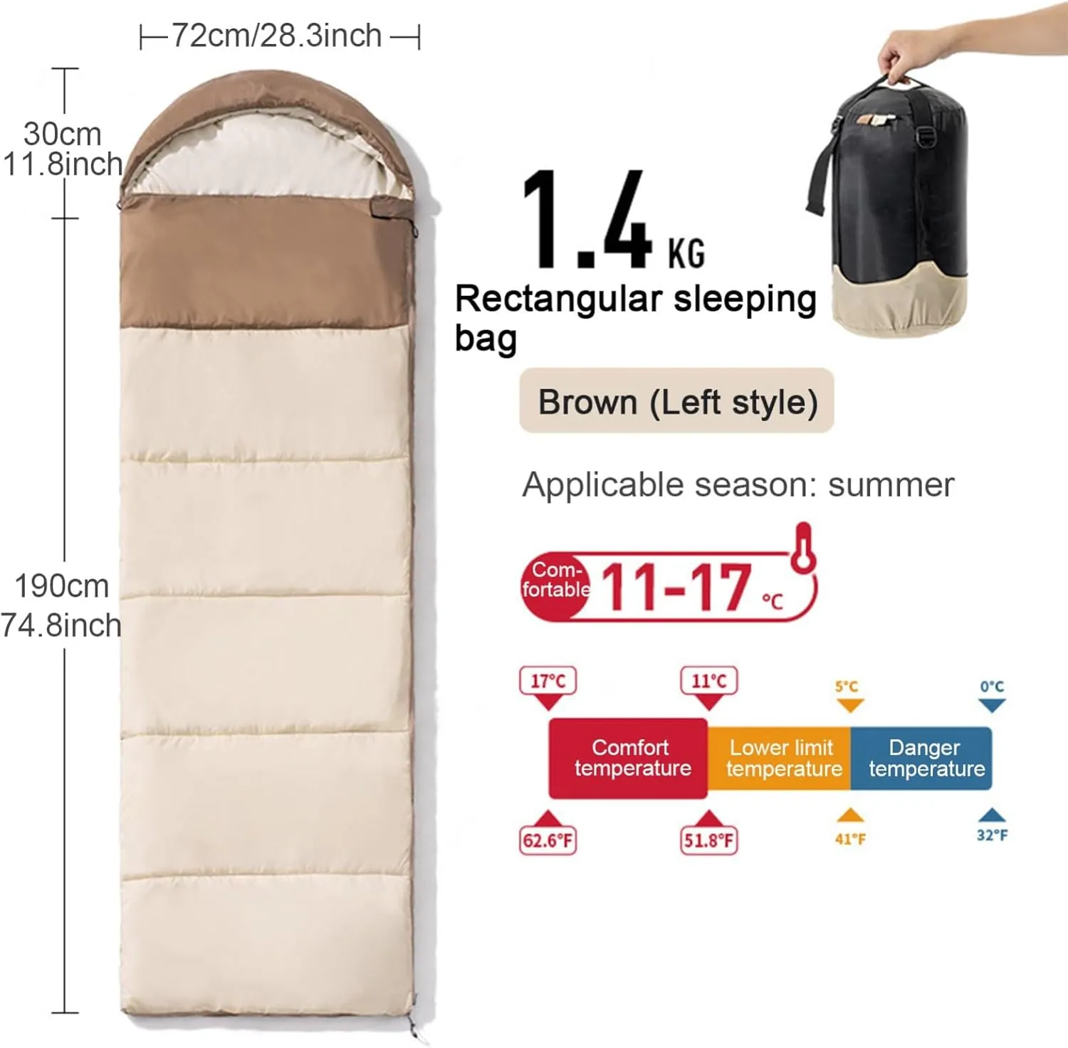 Warm Weather Sleeping Bag, Portable Lightweight Removable for Spring Summer 3 Season Camping Hiking Adults Teens