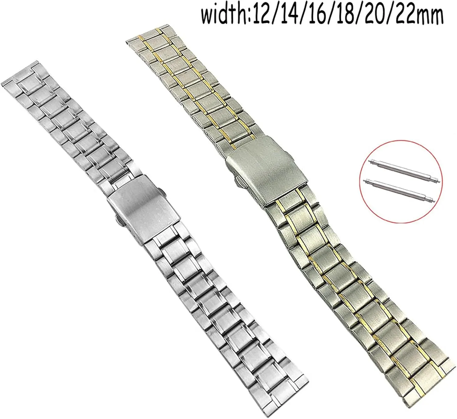 Watch Strap Metal Stainless Steel Replacement Strap Watch Band Flat Buckle Wrist Band Silver Gold, Silver Bracelet, 12 14 16 18 20 22mm