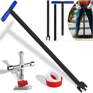 Water Meter Key Shut Off Tool 15 Inch to 28 Inch with 4-way Multi-Functional Utilities Key, T-Handle Removable Water Meter Wrench for Curb Main and Water Meters, Underground Stop or Waste Valves