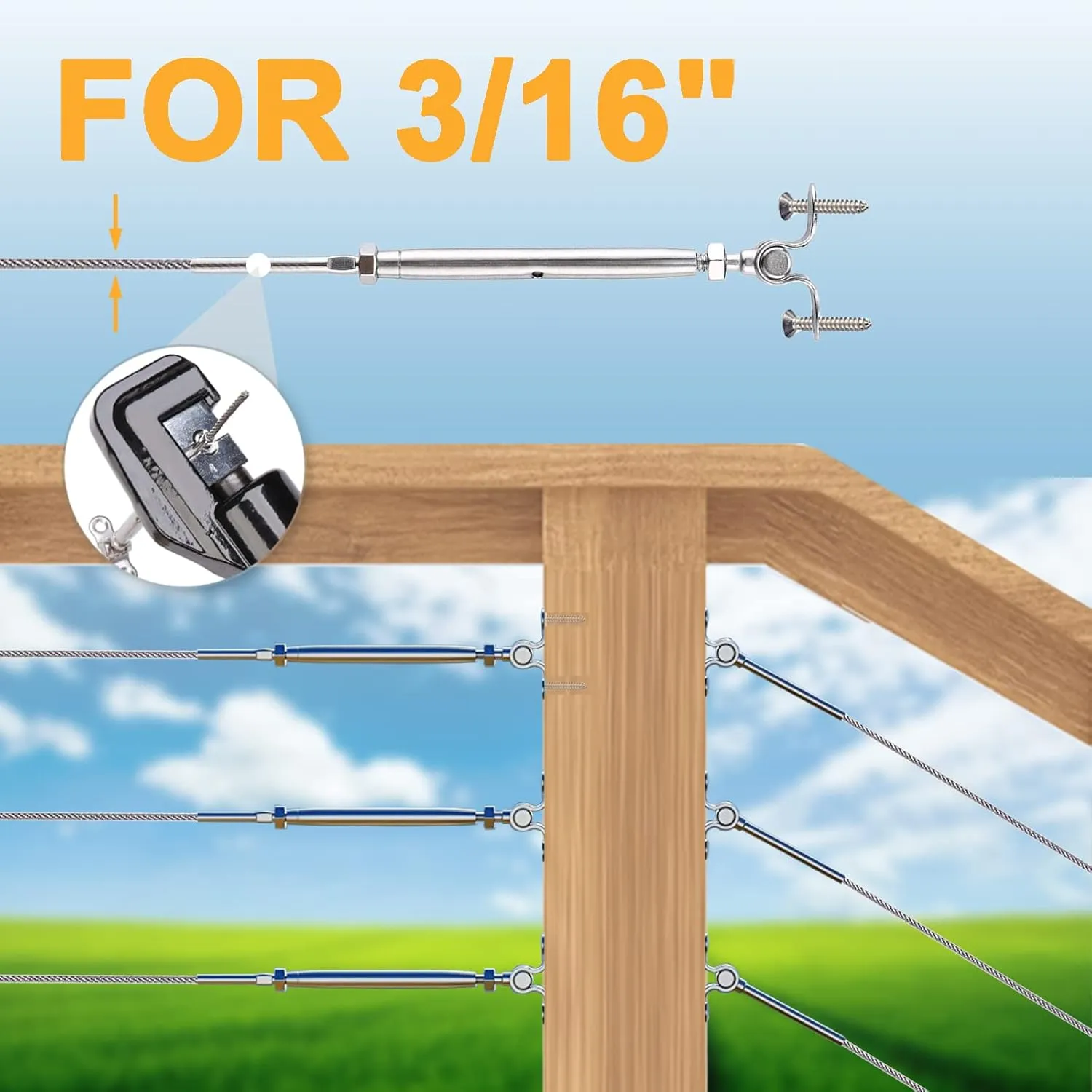 WAYSKA 12 Pairs T316 Stainless Steel Cable Railing Kit Fit 3/16" Stainless Steel Cable Wire Rope, Swage Toggle Turnbuckle Tensioner and End Fittings for Cable Railing System