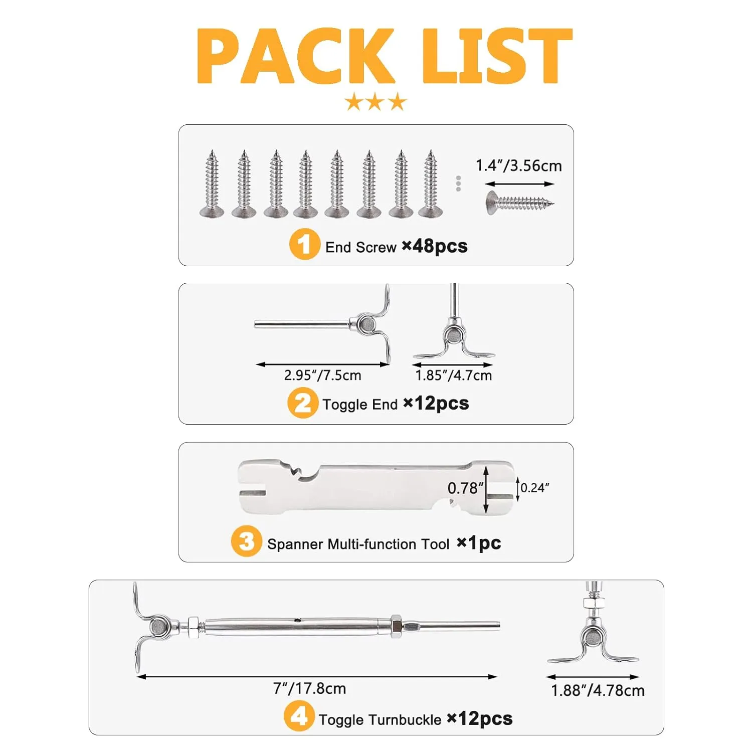 WAYSKA 12 Pairs T316 Stainless Steel Cable Railing Kit Fit 3/16" Stainless Steel Cable Wire Rope, Swage Toggle Turnbuckle Tensioner and End Fittings for Cable Railing System