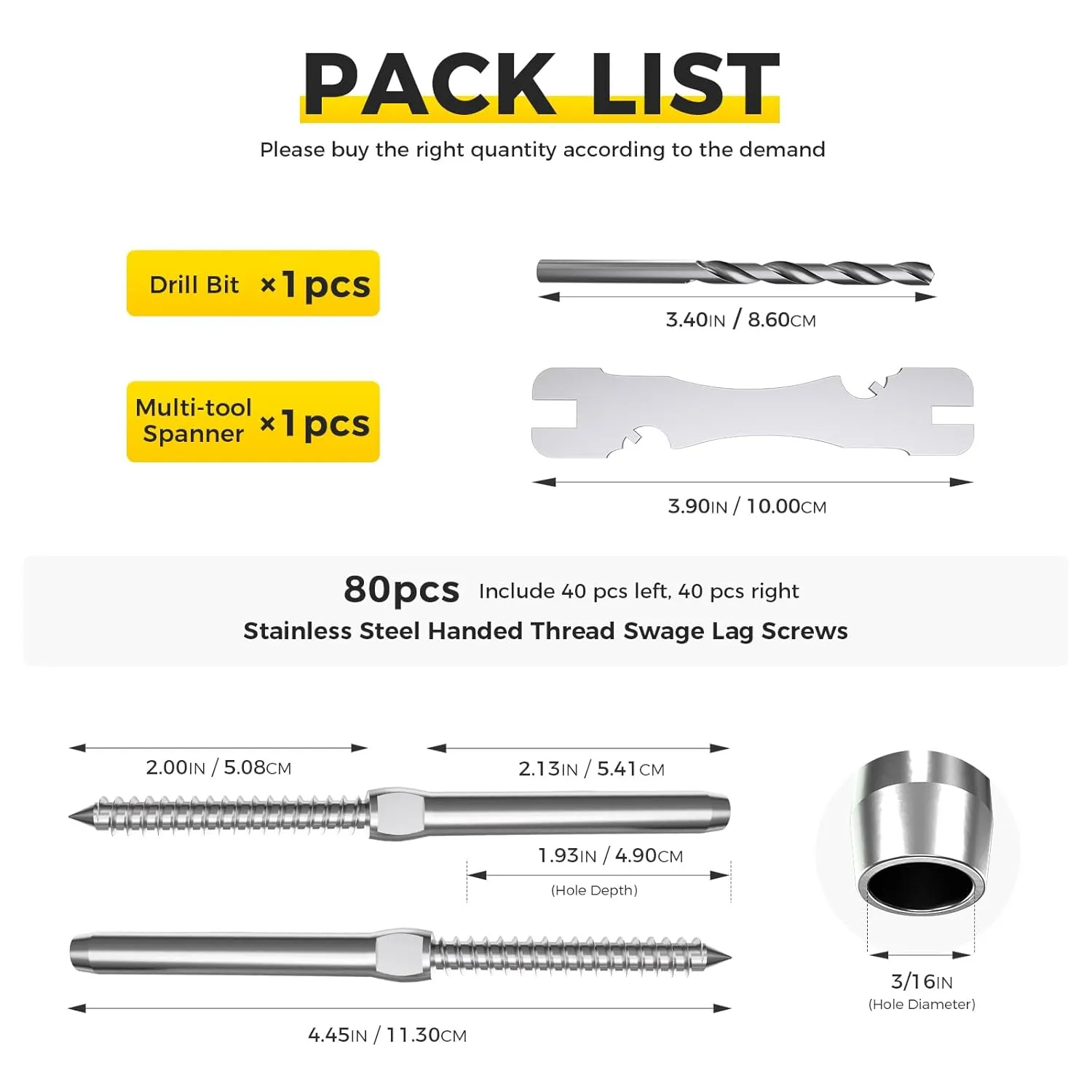 WAYSKA 80 Pack T316 Marine Grade Stainless Steel Cable Railing Hardware kit, 3/16" Right & Left Handed Thread Swage Lag Screws for Wood Post, DIY Deck Cable Railing System, Wrench Included(40 Pairs)