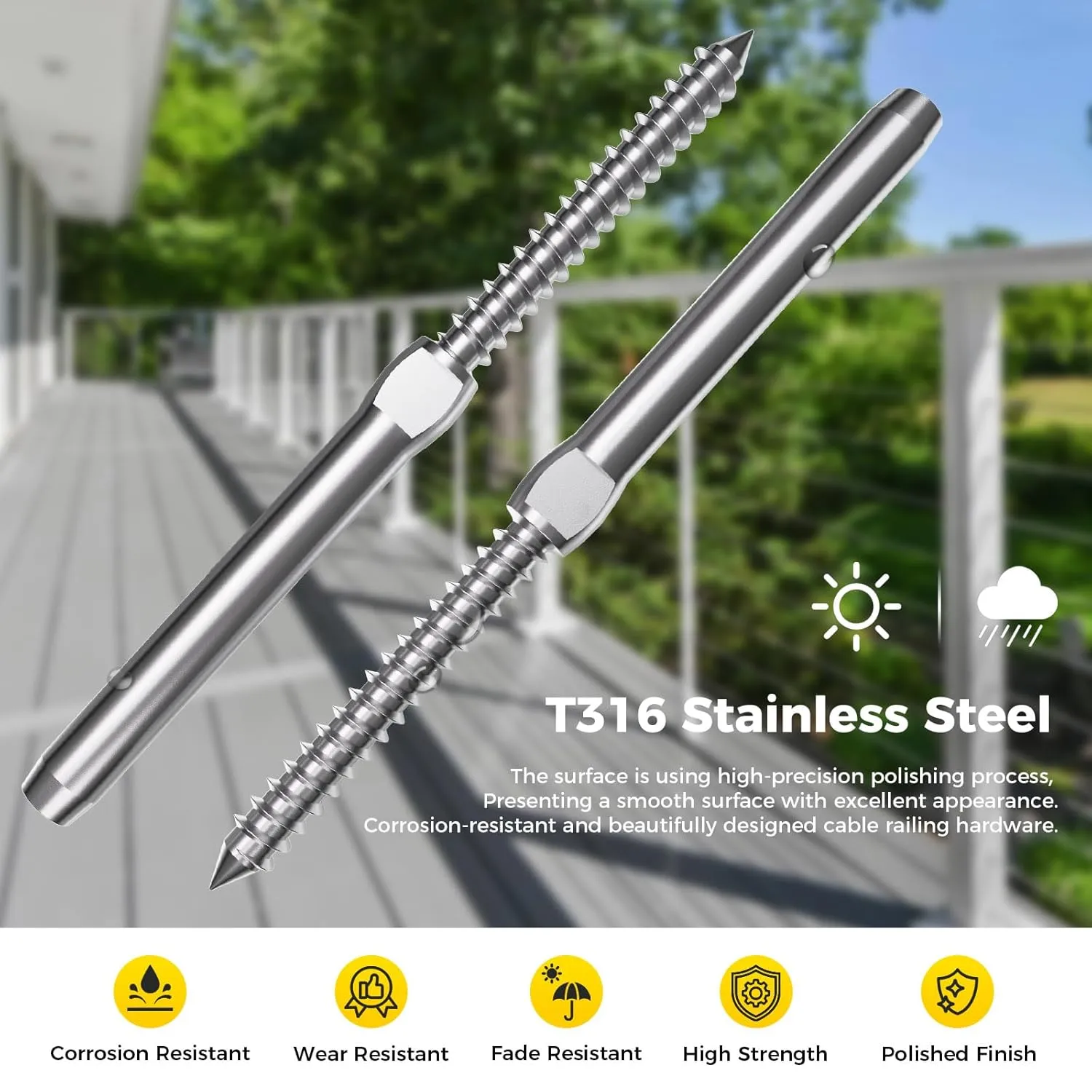 WAYSKA 80 Pack T316 Marine Grade Stainless Steel Cable Railing Hardware kit, 3/16" Right & Left Handed Thread Swage Lag Screws for Wood Post, DIY Deck Cable Railing System, Wrench Included(40 Pairs)