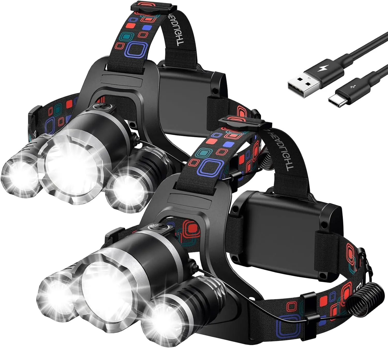 WdtPro Headlamp Rechargeable High Lumes, 2 Pack Lightweight Head Lamp with 3 Powered Bright LED Headlights, 90°Adjustable 4 2 Modes & Tail Lights Waterproof Headlamp for Adult Outdoor Camping Hunting