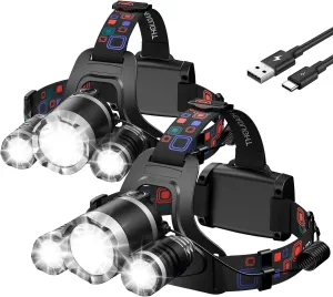 WdtPro Headlamp Rechargeable High Lumes, 2 Pack Lightweight Head Lamp with 3 Powered Bright LED Headlights, 90°Adjustable 4 2 Modes & Tail Lights Waterproof Headlamp for Adult Outdoor Camping Hunting
