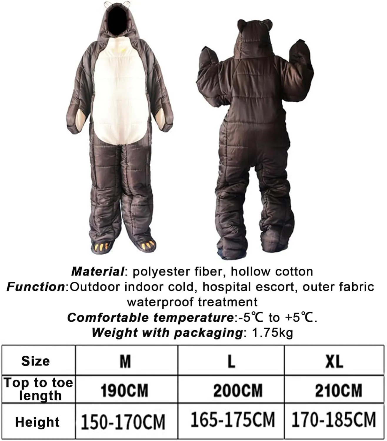 Wearable Bear Sleeping Bag, Adults Full Body Lightweight Waterproof Sleeping Bags Suit for Camping Traveling All Season with Zipper