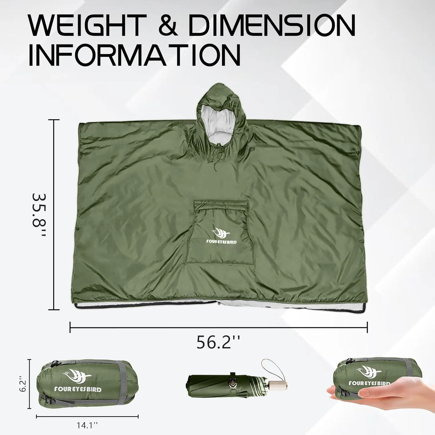 Wearable Hooded Poncho Sleeping Bag Water Resistant Windproof 2 in 1 Spring Poncho Blanket for Camping, Hikes