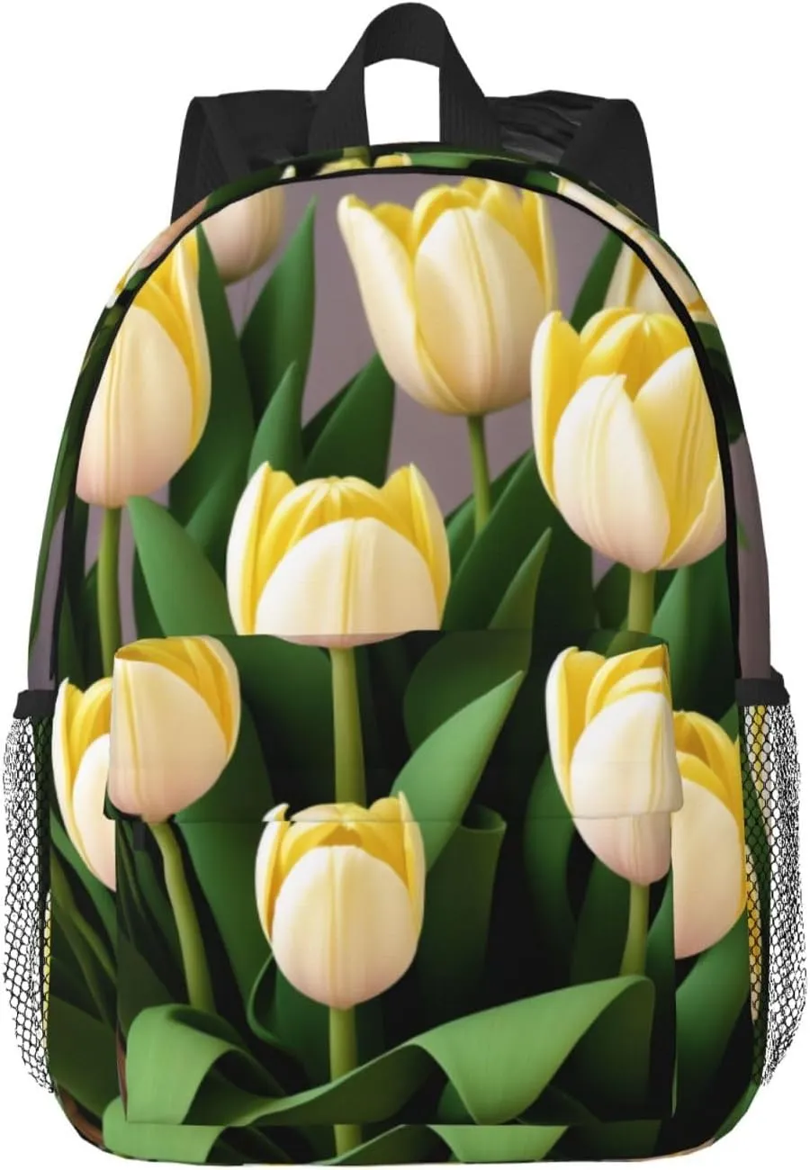 White Yellow Tulips Backpack Lightweight Casual Backpack Double Shoulder Bag Travel Daypack With Laptop Compartmen