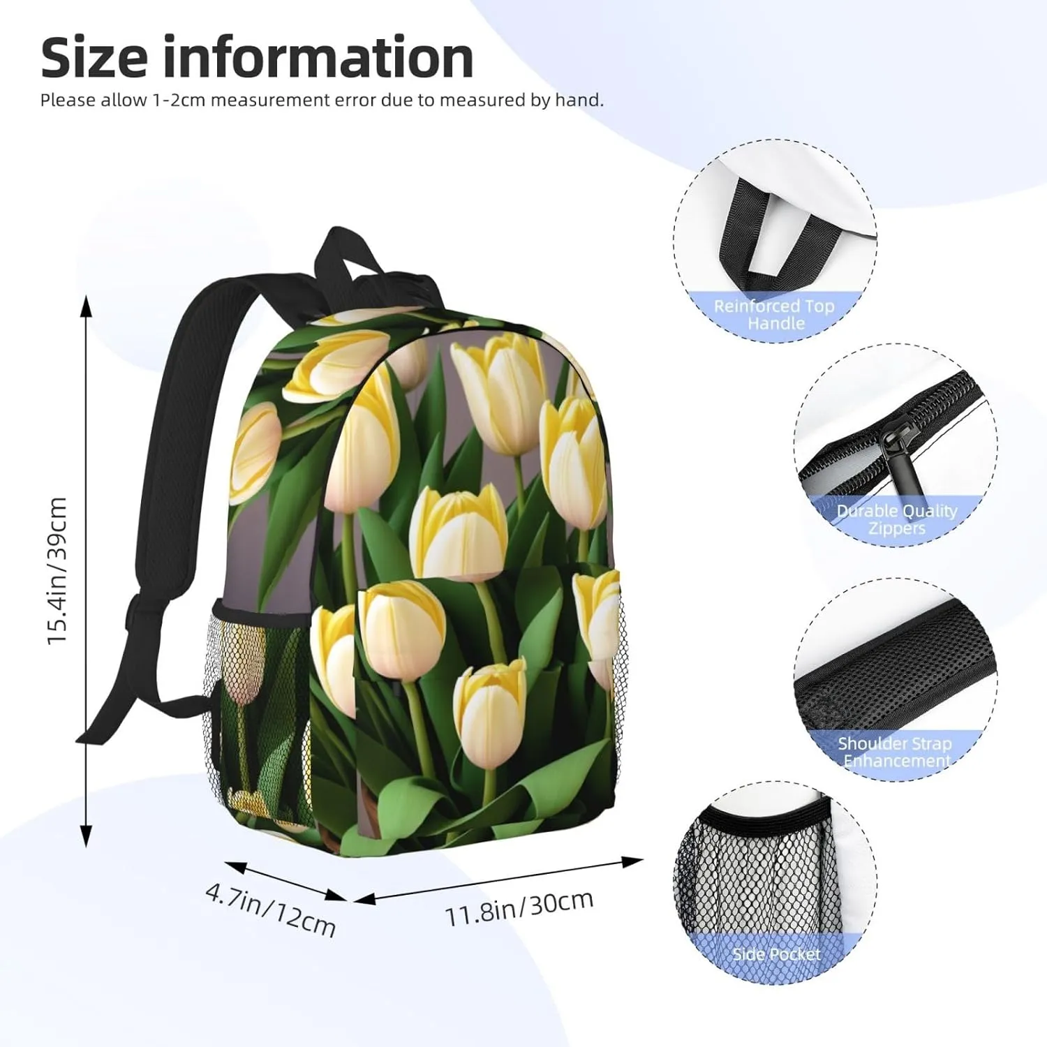 White Yellow Tulips Backpack Lightweight Casual Backpack Double Shoulder Bag Travel Daypack With Laptop Compartmen