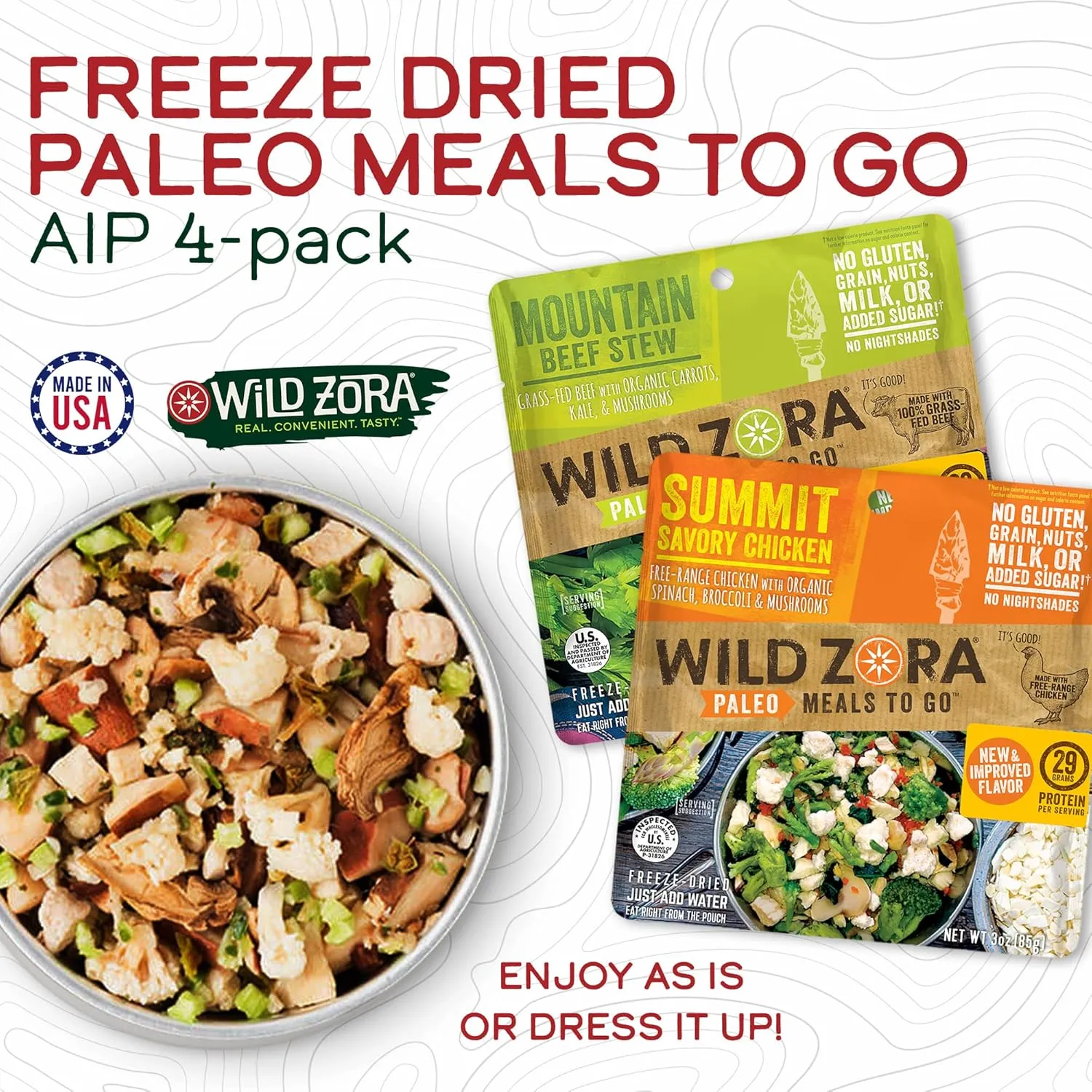 Wild Zora Paleo Freeze Dried Meals for Backpacking & Camping - Healthy Gluten Free & Grain Free Camping Meals/Backpacking Food   No Added Sugar - Great for Travel (AIP 4-pack)