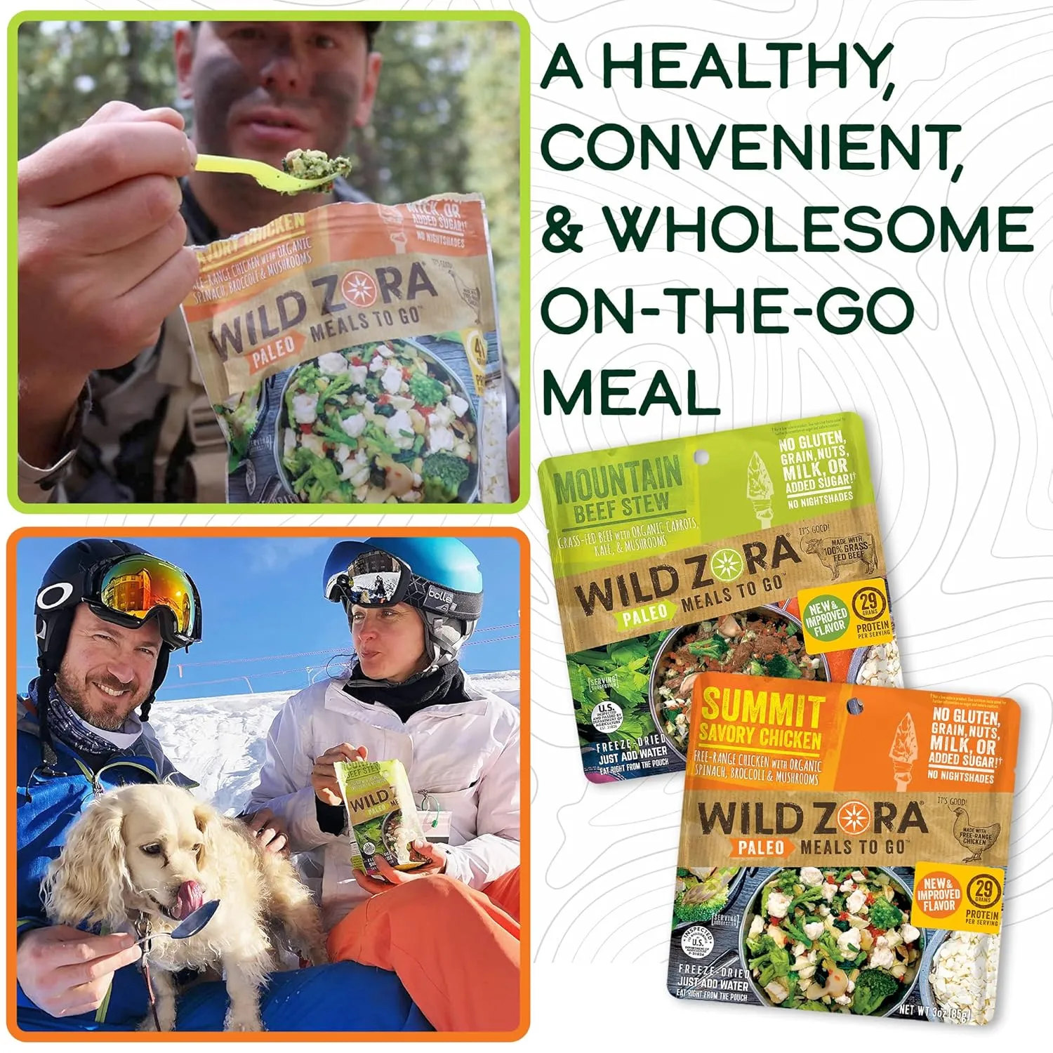 Wild Zora Paleo Freeze Dried Meals for Backpacking & Camping - Healthy Gluten Free & Grain Free Camping Meals/Backpacking Food   No Added Sugar - Great for Travel (AIP 4-pack)
