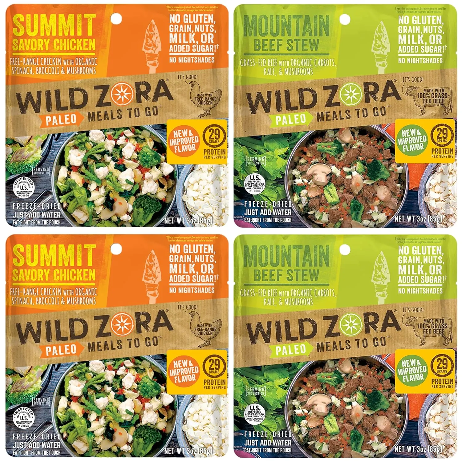 Wild Zora Paleo Freeze Dried Meals for Backpacking & Camping - Healthy Gluten Free & Grain Free Camping Meals/Backpacking Food   No Added Sugar - Great for Travel (AIP 4-pack)