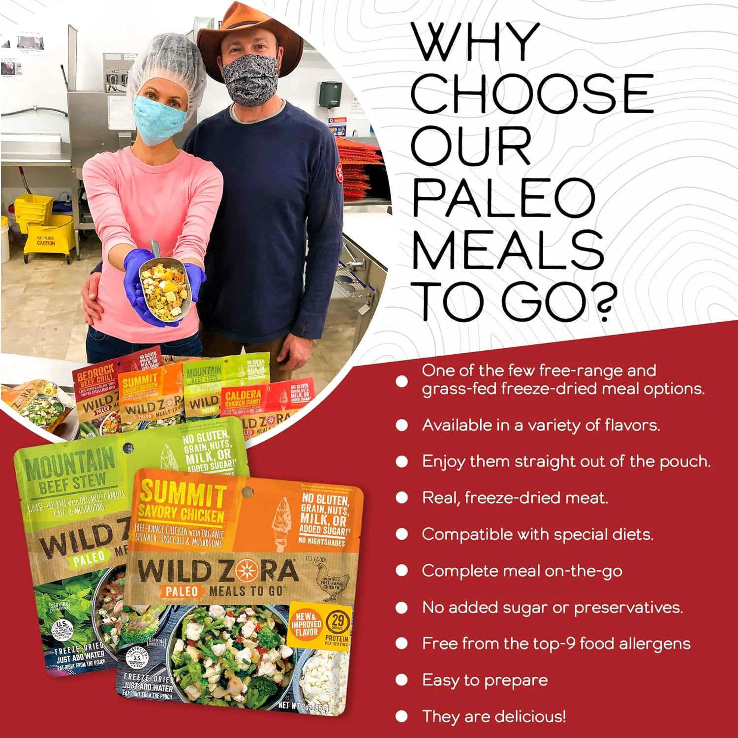 Wild Zora Paleo Freeze Dried Meals for Backpacking & Camping - Healthy Gluten Free & Grain Free Camping Meals/Backpacking Food   No Added Sugar - Great for Travel (AIP 4-pack)