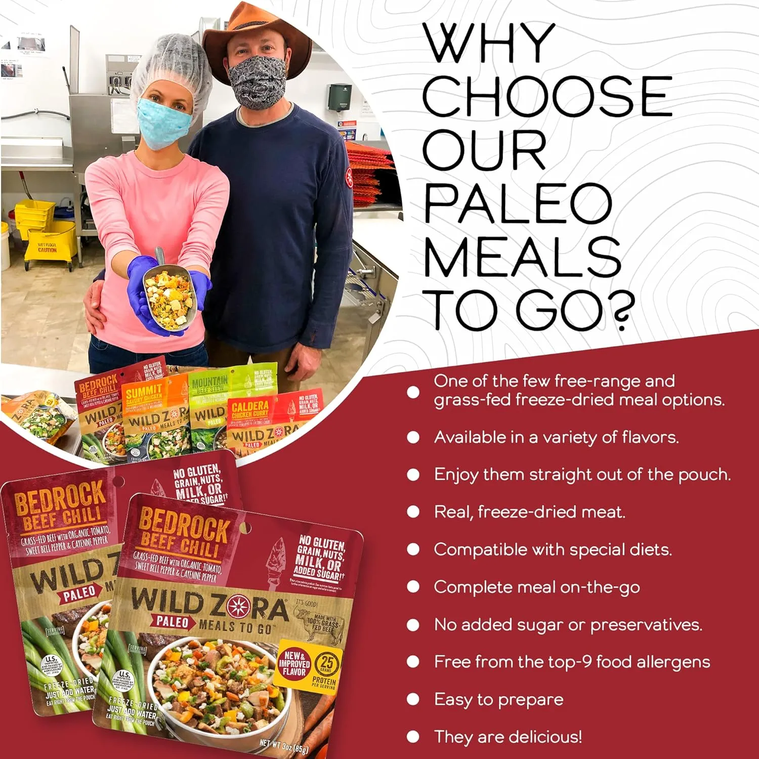 Wild Zora Paleo Freeze Dried Meals for Backpacking & Camping - Healthy Gluten Free & Grain Free Camping Meals/Backpacking Food   No Added Sugar - Great for Travel (Bedrock Beef Chili 2-pack)