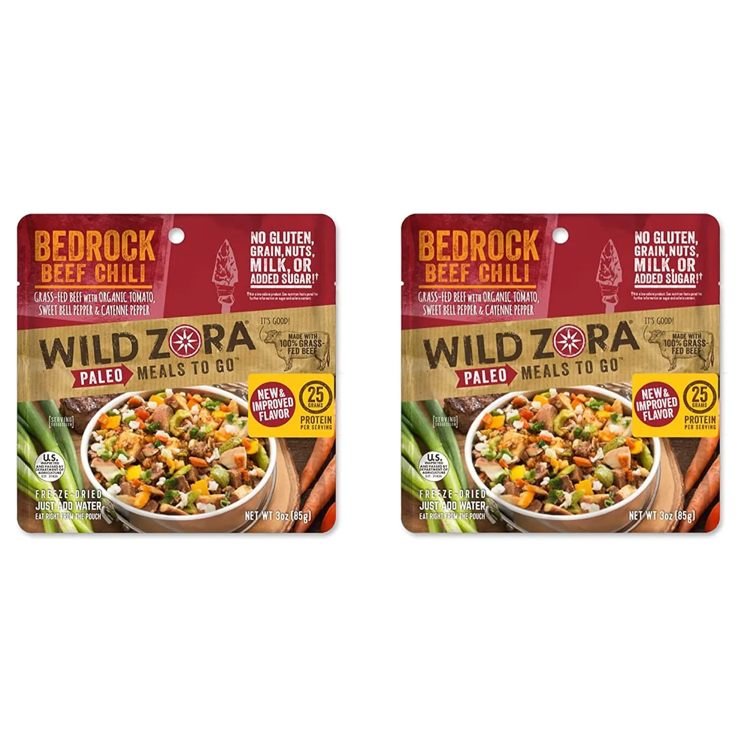 Wild Zora Paleo Freeze Dried Meals for Backpacking & Camping - Healthy Gluten Free & Grain Free Camping Meals/Backpacking Food   No Added Sugar - Great for Travel (Bedrock Beef Chili 2-pack)