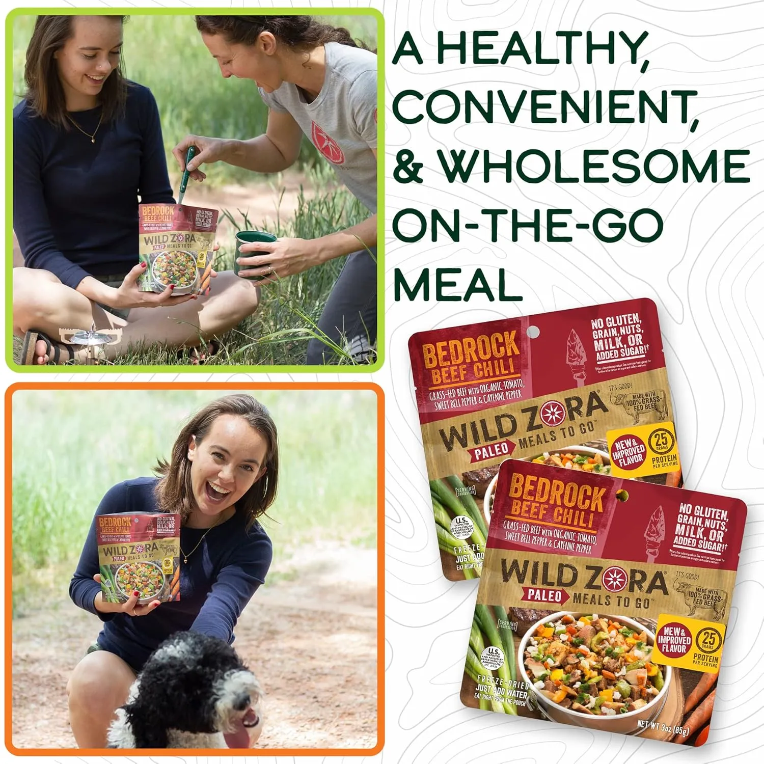Wild Zora Paleo Freeze Dried Meals for Backpacking & Camping - Healthy Gluten Free & Grain Free Camping Meals/Backpacking Food   No Added Sugar - Great for Travel (Bedrock Beef Chili 2-pack)
