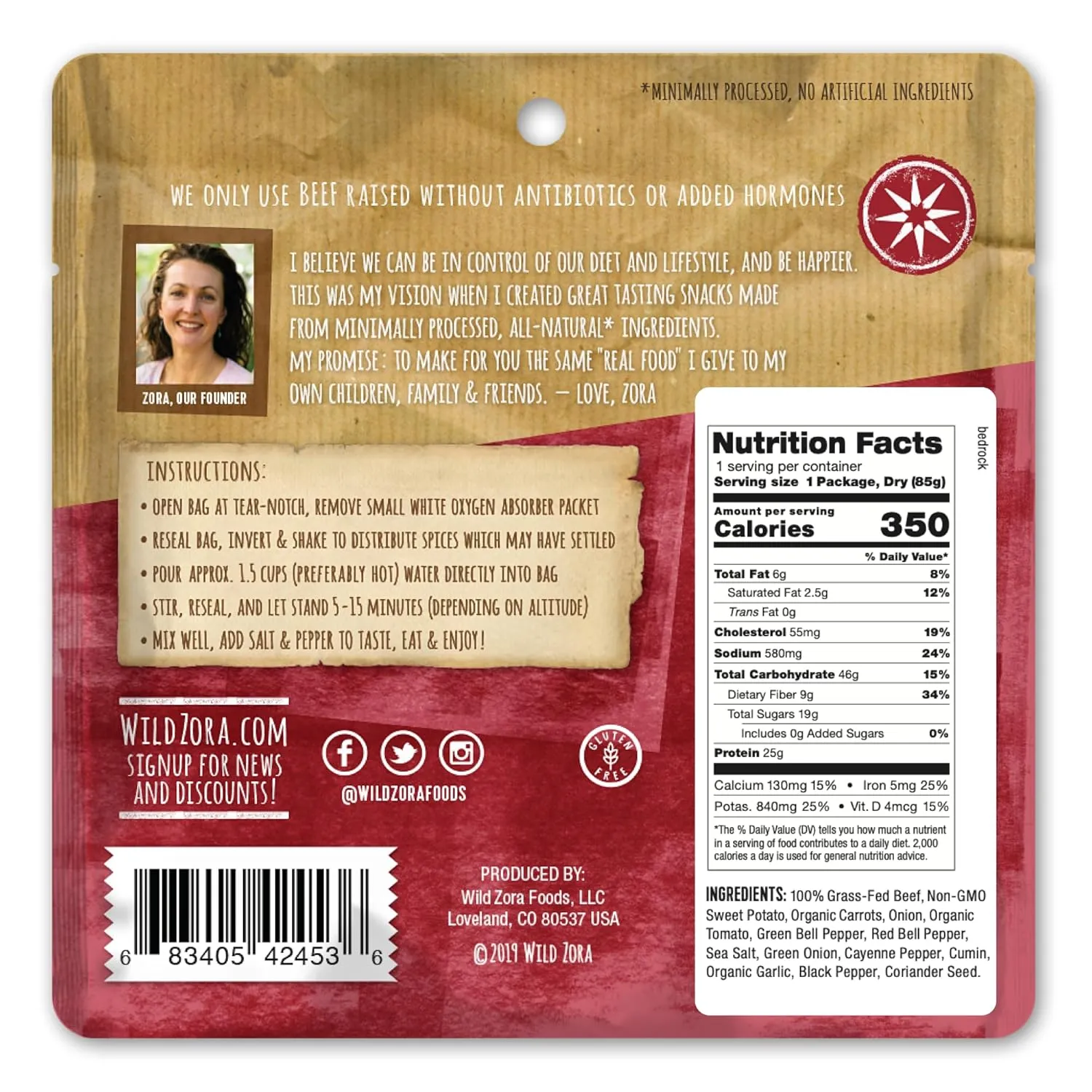 Wild Zora Paleo Freeze Dried Meals for Backpacking & Camping - Healthy Gluten Free & Grain Free Camping Meals/Backpacking Food   No Added Sugar - Great for Travel (Bedrock Beef Chili 2-pack)