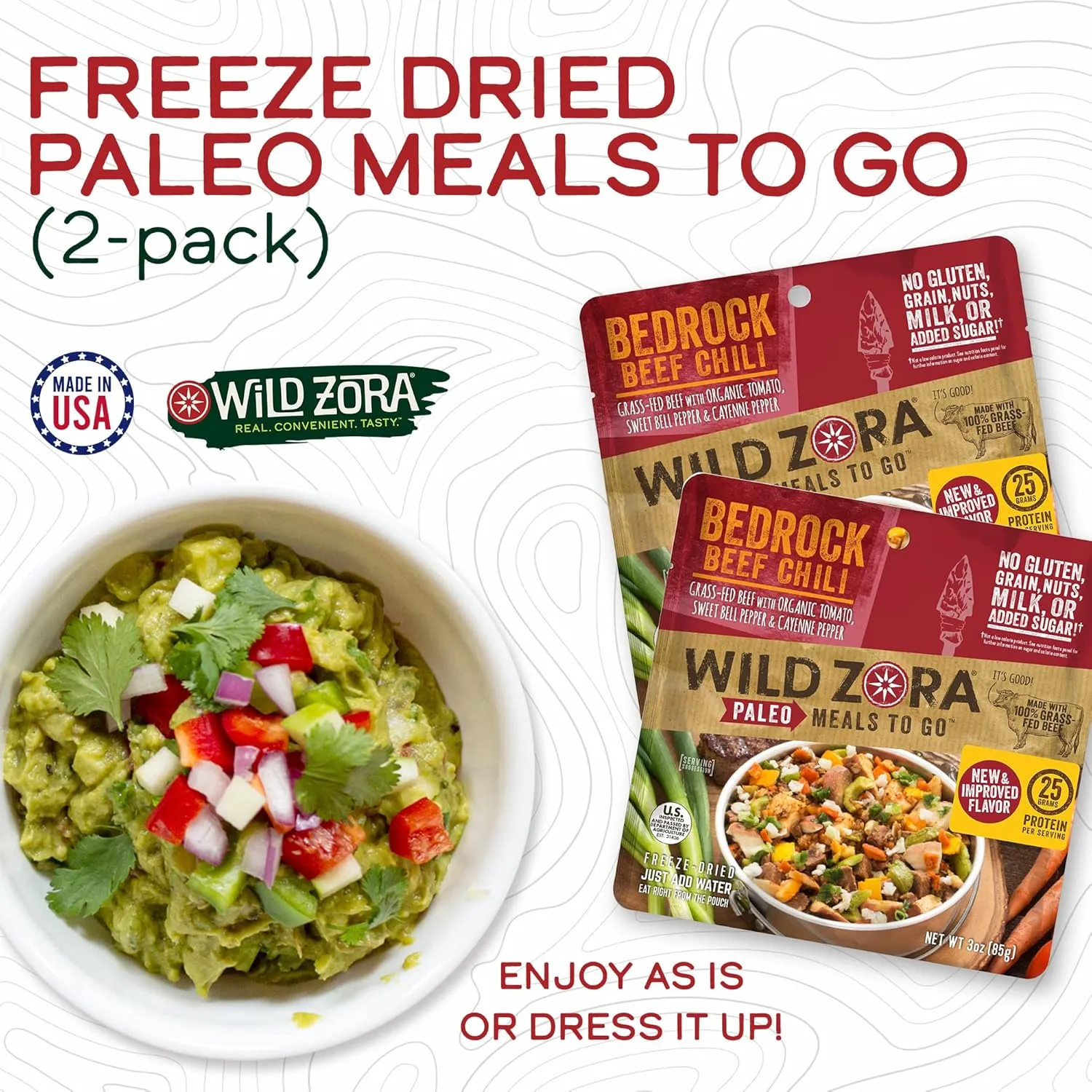 Wild Zora Paleo Freeze Dried Meals for Backpacking & Camping - Healthy Gluten Free & Grain Free Camping Meals/Backpacking Food   No Added Sugar - Great for Travel (Bedrock Beef Chili 2-pack)