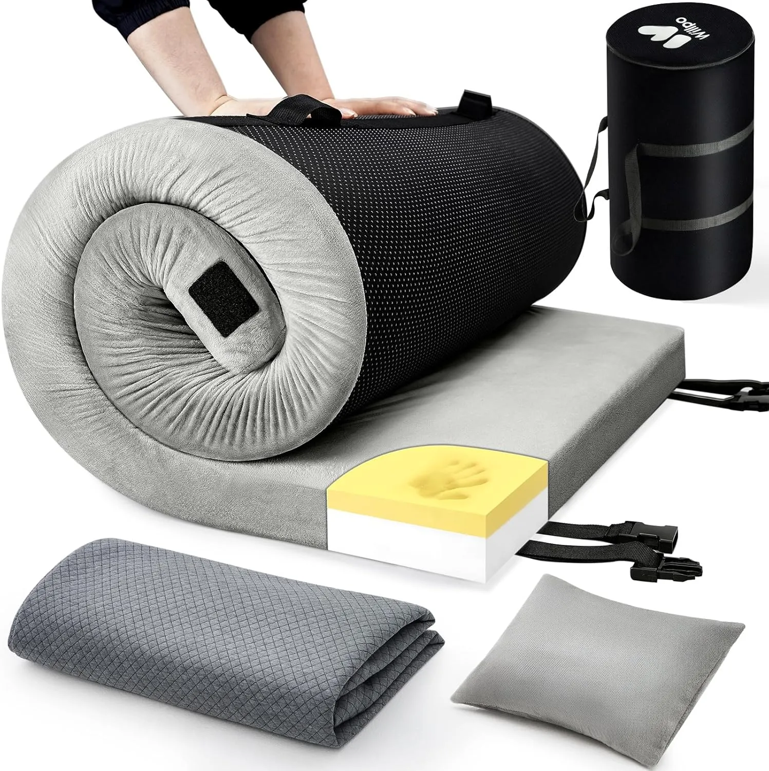 Willpo CertiPUR-US Memory Foam Camping Mattress with Travel Bag and 2 Interchangeable Covers, Lightweight Portable Sleeping Pad for Tents, Guest Beds, Home