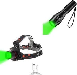 WINDFIRE Green Light Flashlight for Hunting Kit, Rechargeable Green Headlamp 3 Modes, Single Mode Green Tactical Flashlight, Zoomable and Water Resistant, Green Torch for Hunting Night Observation