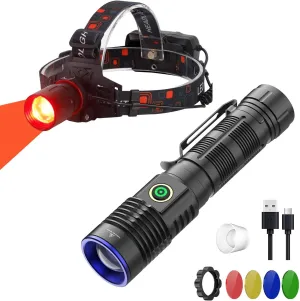 WINDFIRE Rechargeable Red Light Hunting Headlamp Zoomable Multicolor Flashlight 5 in 1 LED Tactical Rechargeable Flashlights High Lumens