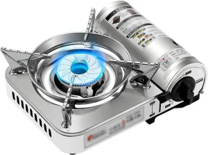 Windproof Camping Stove, Portable Butane Stove Portable Gas Stove, Piezo Electric Ignition, Outdoor Portable Butane Stove Burner (Gray : White)