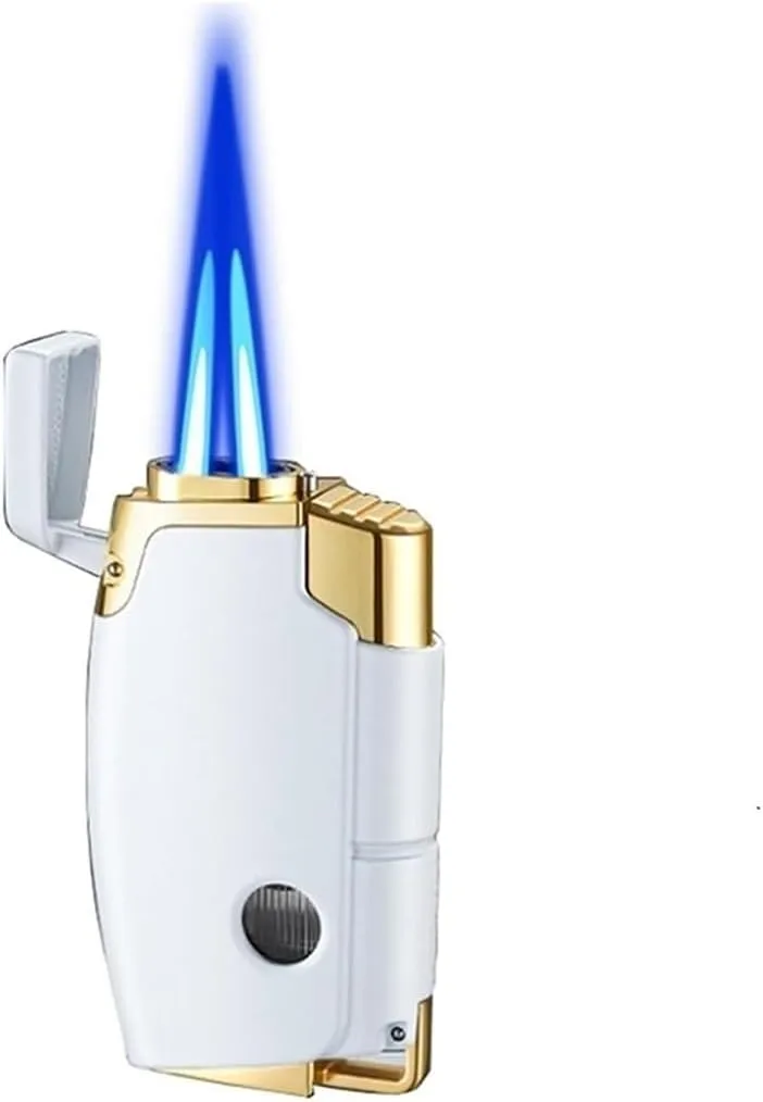 Windproof Dual Flame Butane Lighter with Visible Fuel Window, Rechargeable, Adjustable, Suitable for Camping Candles (Butane Not Included)(Pearl White)