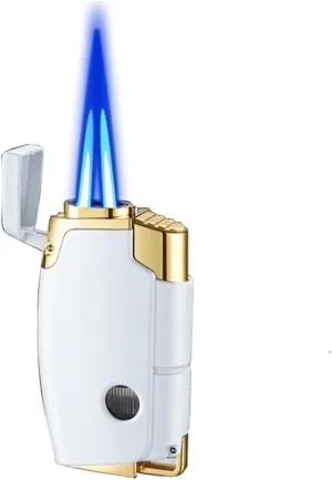 Windproof Dual Flame Butane Lighter with Visible Fuel Window, Rechargeable, Adjustable, Suitable for Camping Candles (Butane Not Included)(Pearl White)