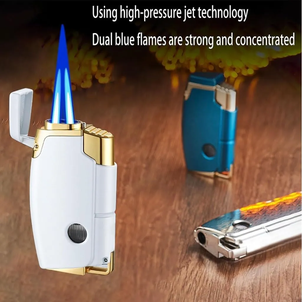 Windproof Dual Flame Butane Lighter with Visible Fuel Window, Rechargeable, Adjustable, Suitable for Camping Candles (Butane Not Included)(Pearl White)