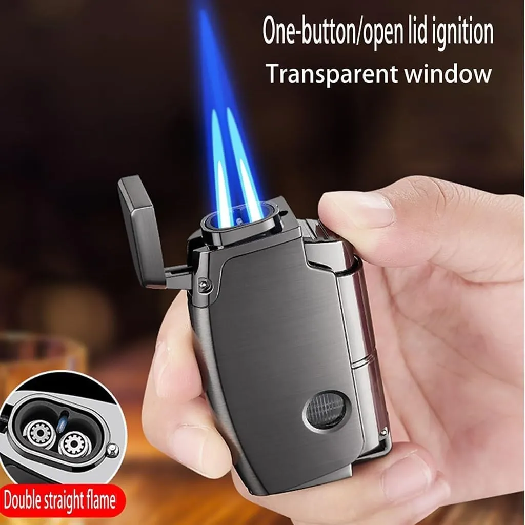 Windproof Dual Flame Butane Lighter with Visible Fuel Window, Rechargeable, Adjustable, Suitable for Camping Candles (Butane Not Included)(Pearl White)