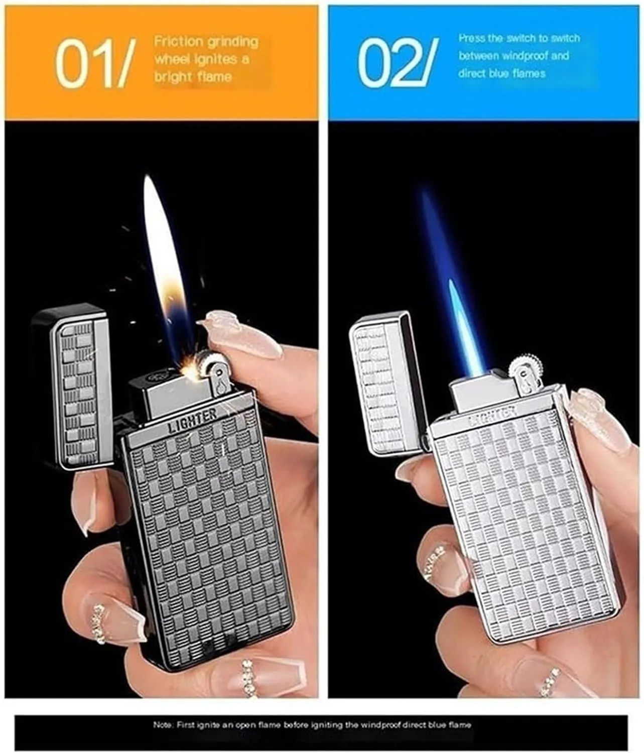 Windproof Dual Flame Butane Lighters, Vintage Metal Flip Top Old Fashioned Grinding Wheel, Soft Flame Jet Flame Switchable, Adjustable Flame, Refillable Gas Portable Candle Camping Lighter (No Fuel)(B