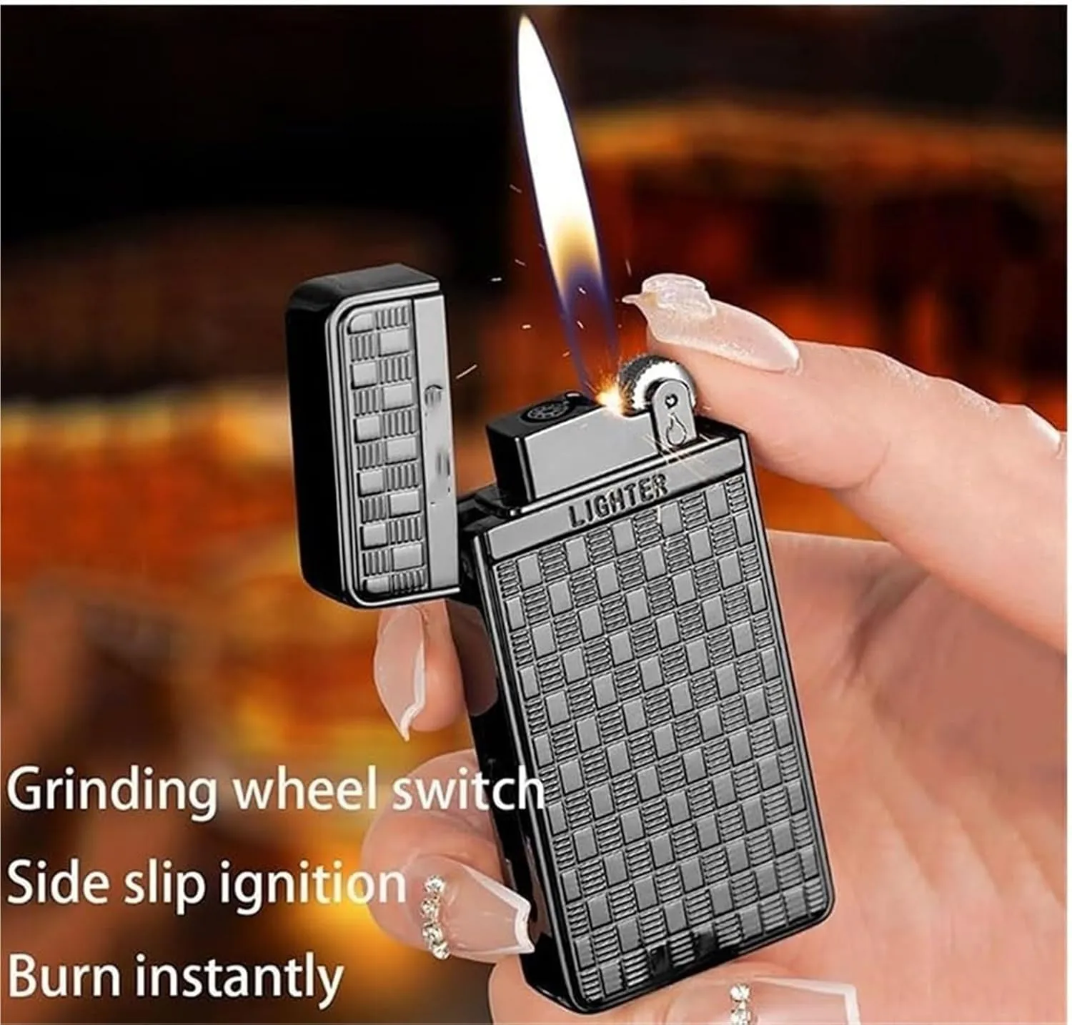 Windproof Dual Flame Butane Lighters, Vintage Metal Flip Top Old Fashioned Grinding Wheel, Soft Flame Jet Flame Switchable, Adjustable Flame, Refillable Gas Portable Candle Camping Lighter (No Fuel)(B
