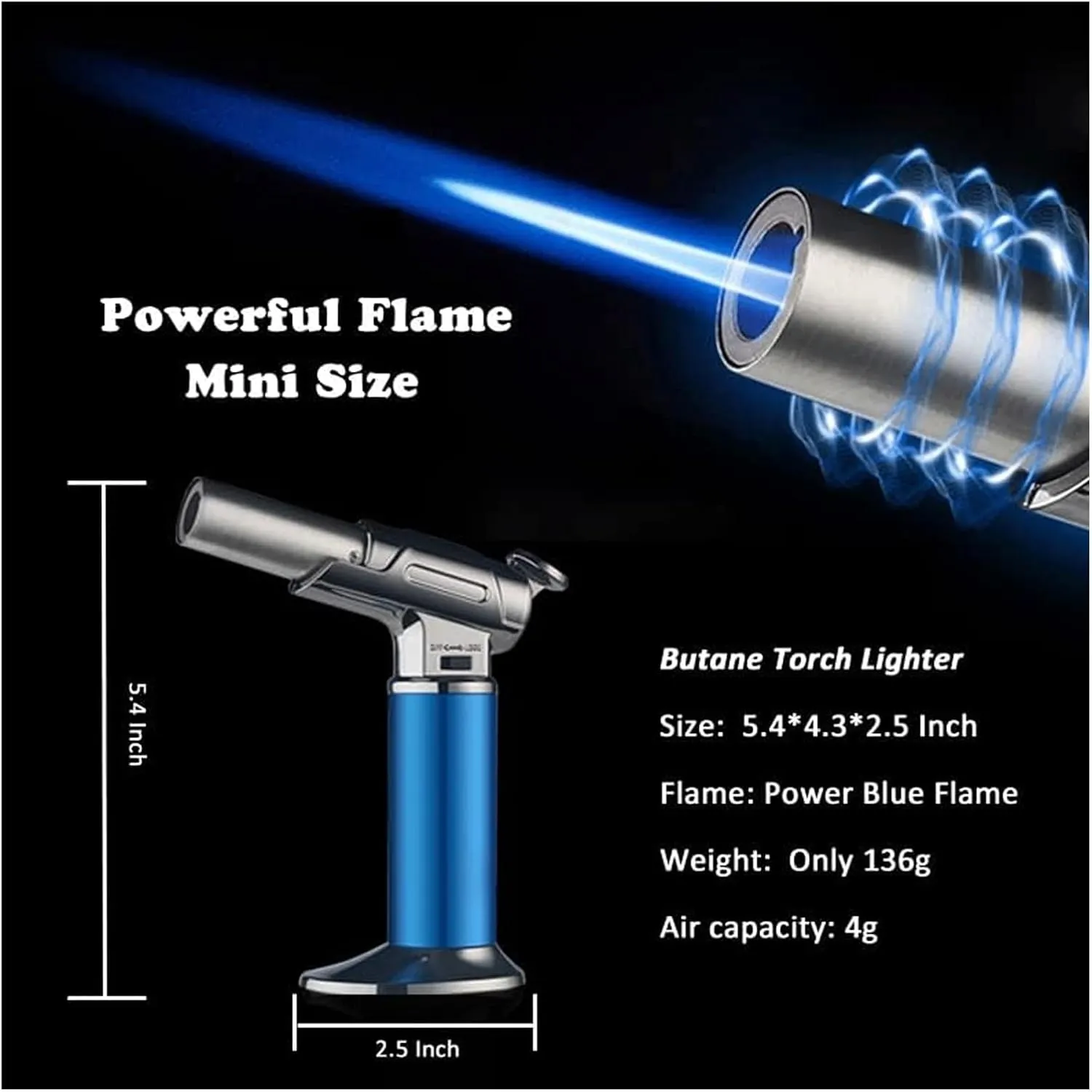 Windproof Flame One-Handed Operation Lockable Fire Refillable Adjustable Size Torch Lighter, Camping Outdoor Candle (Butane Not Included)(Blue)