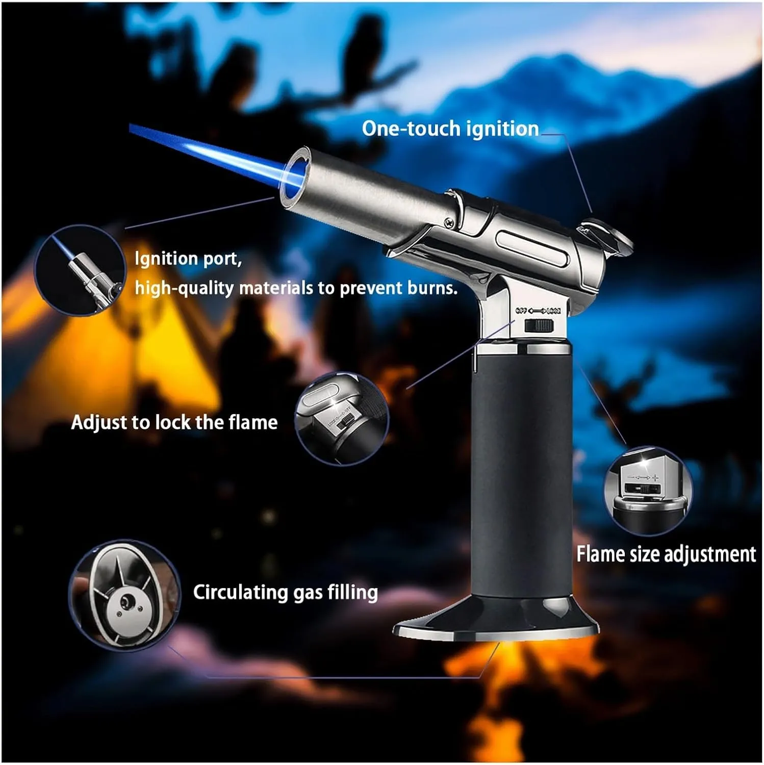 Windproof Flame One-Handed Operation Lockable Fire Refillable Adjustable Size Torch Lighter, Camping Outdoor Candle (Butane Not Included)(Blue)