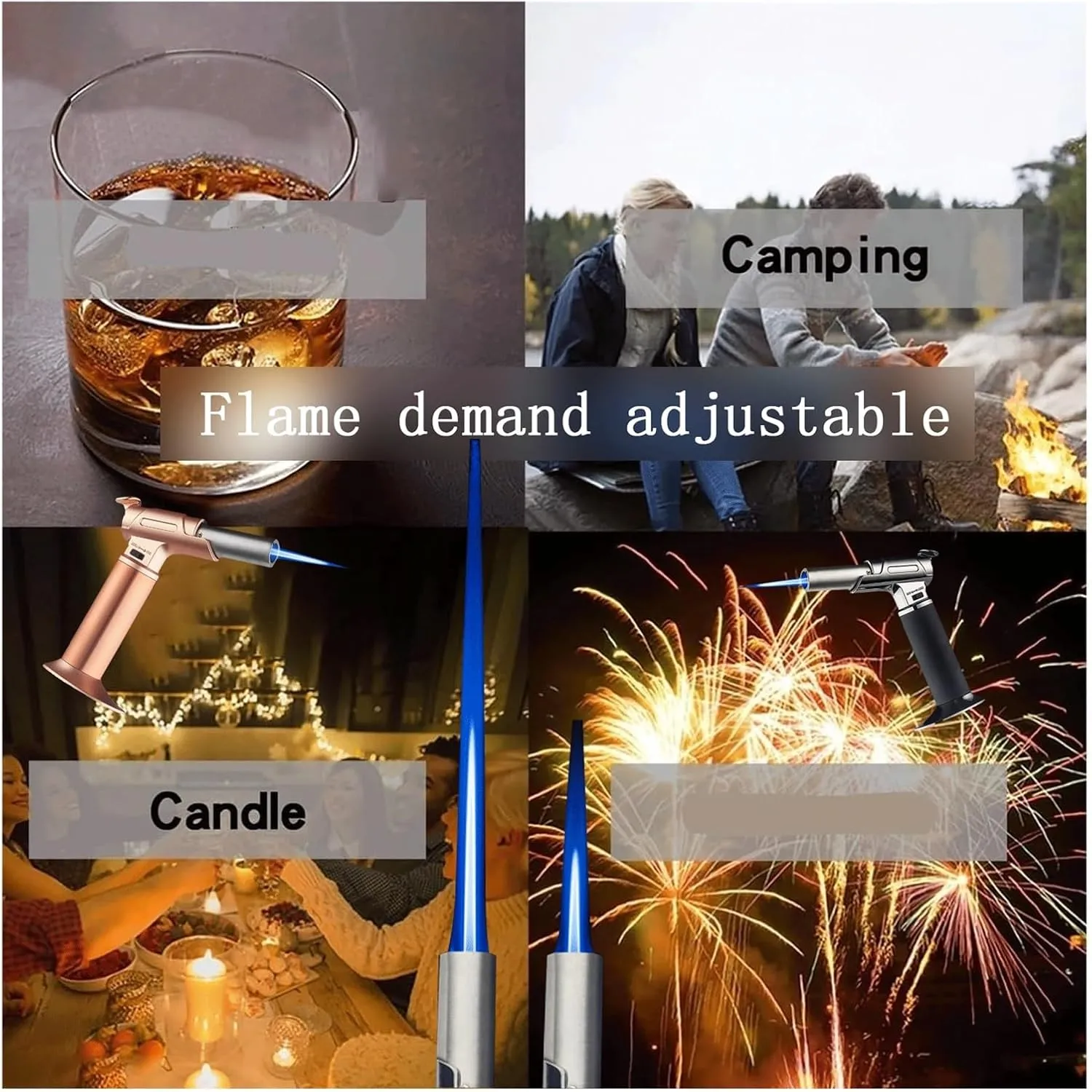 Windproof Flame One-Handed Operation Lockable Fire Refillable Adjustable Size Torch Lighter, Camping Outdoor Candle (Butane Not Included)(Blue)
