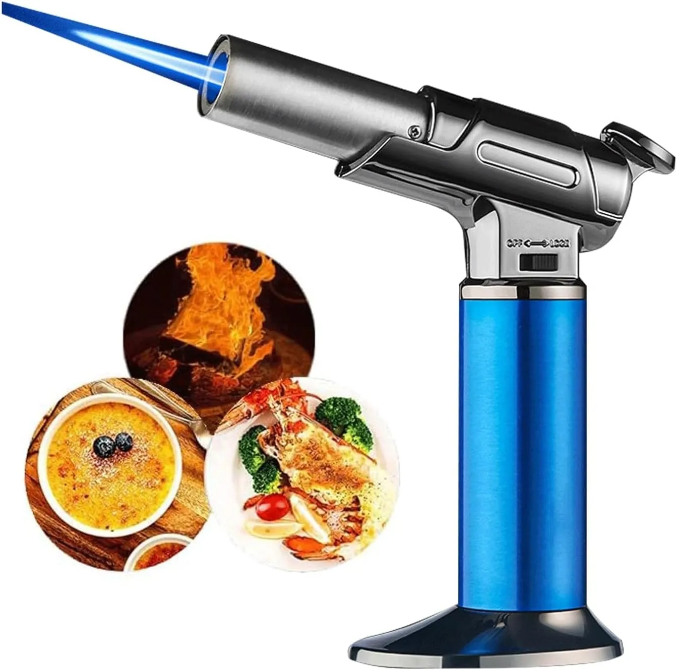 Windproof Flame One-Handed Operation Lockable Fire Refillable Adjustable Size Torch Lighter, Camping Outdoor Candle (Butane Not Included)(Blue)