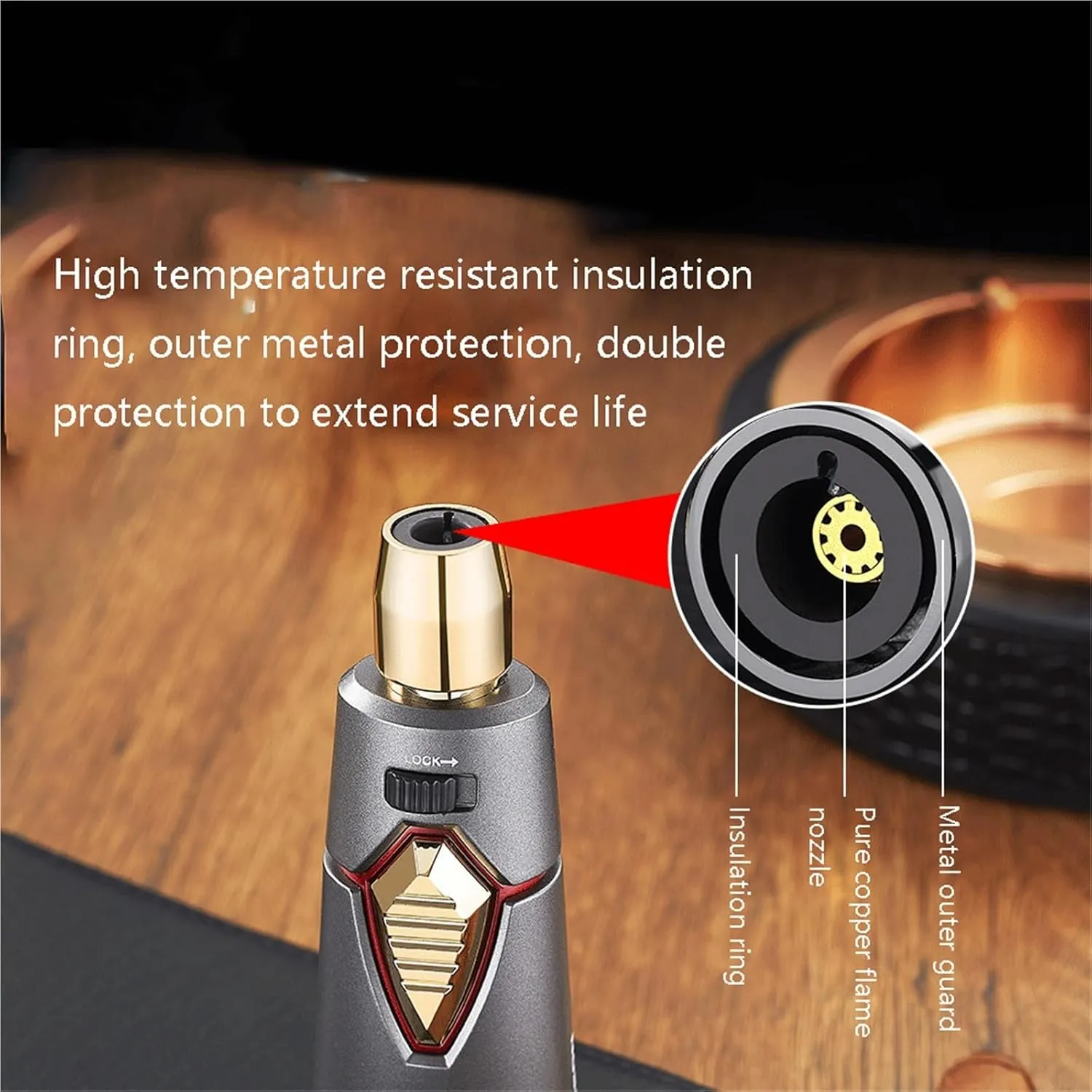 Windproof Jet Flame Multi-Function Lighters, Vintage Metal Butane Lighter with Safety Lock Adjustable Flame, Refillable Gas Portable Lighter, Gift for Men (Fuel Not Included)(Gray)