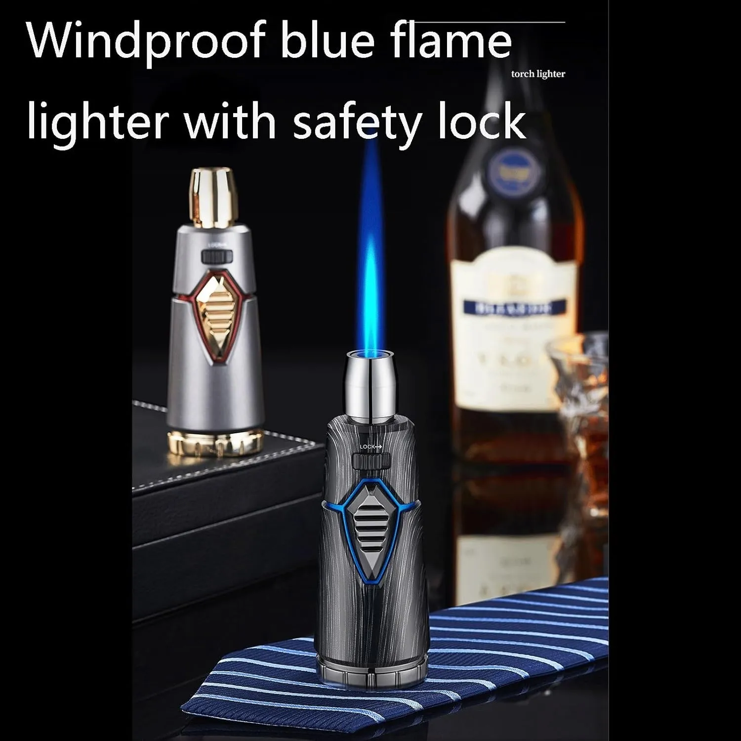 Windproof Jet Flame Multi-Function Lighters, Vintage Metal Butane Lighter with Safety Lock Adjustable Flame, Refillable Gas Portable Lighter, Gift for Men (Fuel Not Included)(Gray)