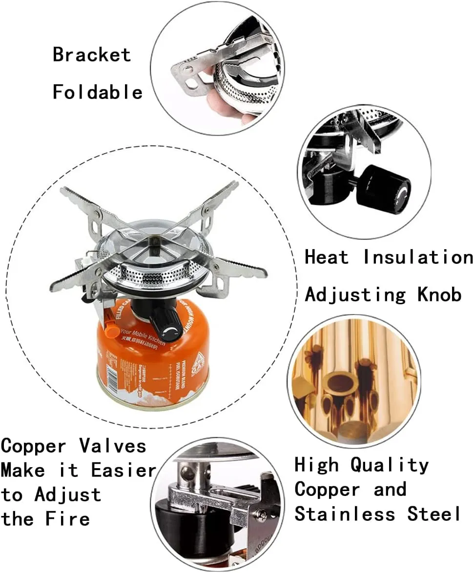 Windproof Portable Backpacking Stove Burner with Piezo Ignition,Stove Adapter,Plastic Storage Box,Lightweight,Propane Butane Stove for Indoor Outdoor Camping Hiking and Picnic M600-1